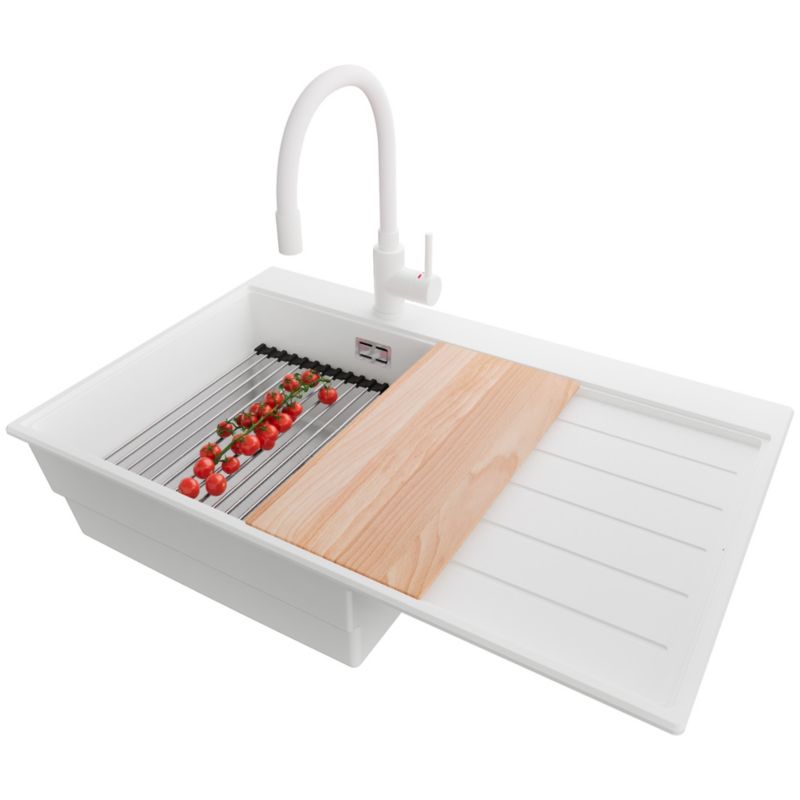 Zlewozmywak Granitowy Sydney PRIMAGRAN Nablatowy 78x50cm do szafki od 50cm, Biały + Bateria + Syfon + Akcesoria, S375, 1 szt.