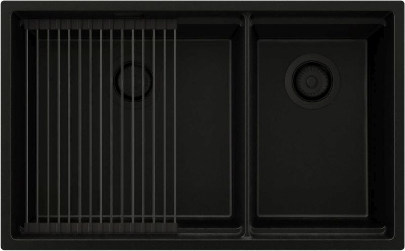 Zlewozmywak Praga Slim Duo PRIMAGRAN Nablatowy 76x47cm do szafki od 80cm, Cały Czarny + Syfon + Zwijany ociekacz, , 1 szt.