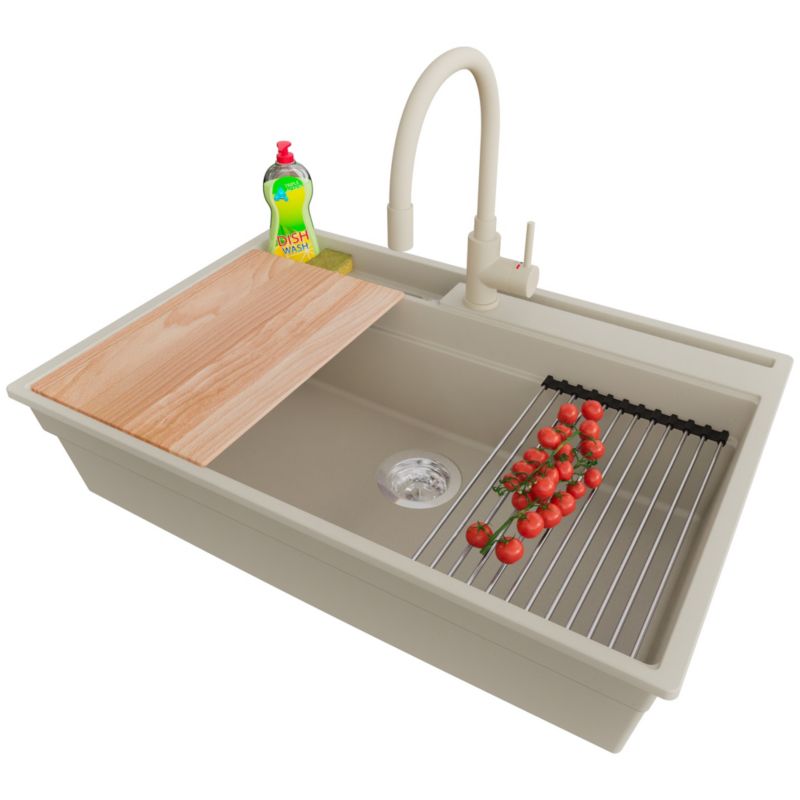 Zlewozmywak Granitowy Oslo Pocket PRIMAGRAN Nablatowy 78x53cm, Beżowy + Bateria + Syfon + Akcesorium, S412, 1 szt.