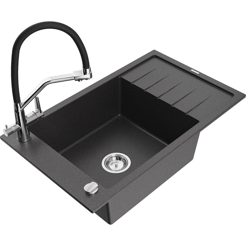 Zlewozmywak granitowy 1-komorowy Mexen Elias z ociekaczem i baterią kuchenną Duo czarny nakrapiany - 6511-76-671701-07-B 1 szt.