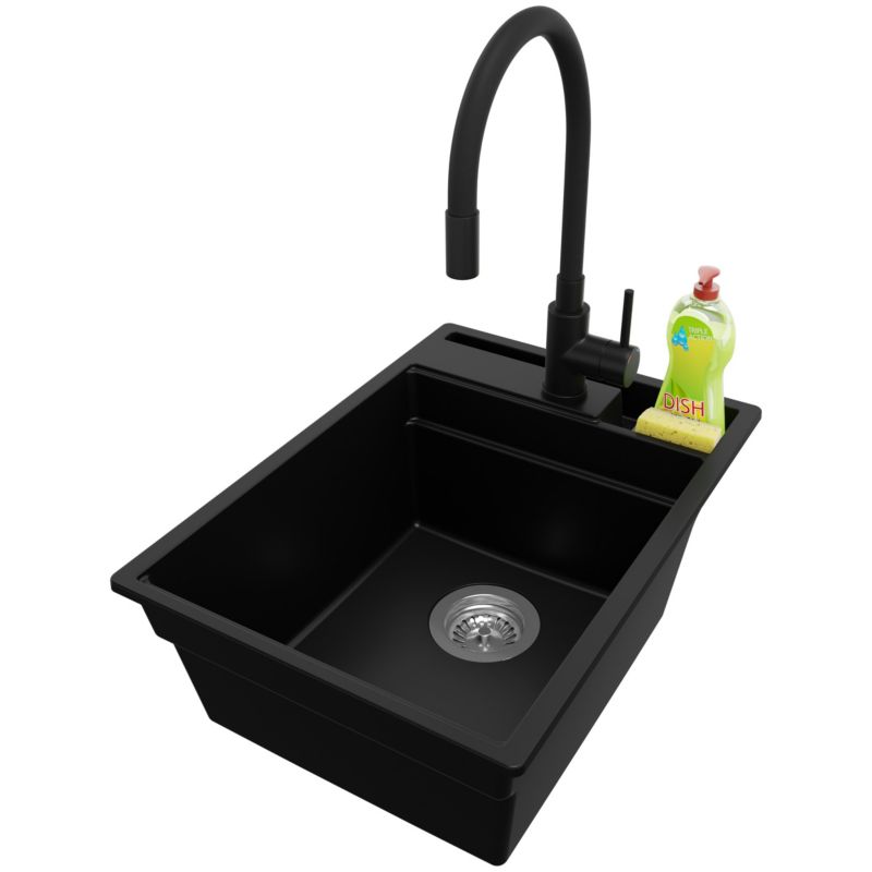 Zlewozmywak Granitowy Oslo Pocket PRIMAGRAN Nablatowy 38x53cm do szafki od 40cm z Syfonem i Baterią Czarny 1 szt.