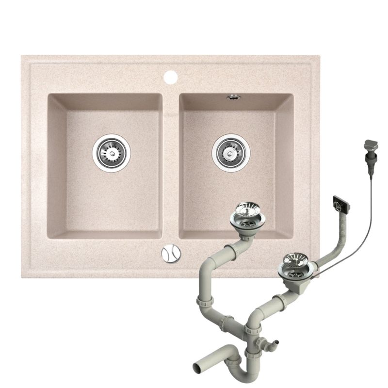 Zlewozmywak granitowy Brenor Grande beżowy 80 x 60 cm dwukomorowy nakładany z syfonem automatycznym 1 szt