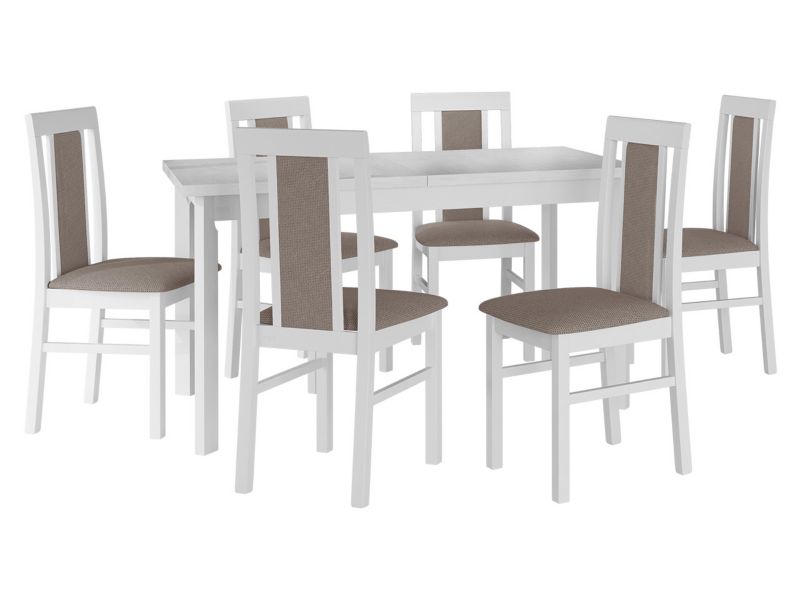 Zestaw DR20 MIRJAN 24 Stół rozkładany Modena I P 80x140/180 + 6 krzeseł Nilo 2 biały + jasnobrązowa tapicerka 1 kpl.