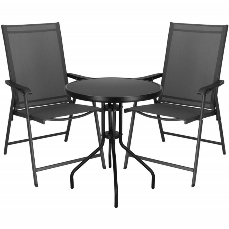 Zestaw mebli ogrodowych Springos stół ze szkłem hartowanym, 2 krzesła komplet na taras szaro-czarny 1 kpl.