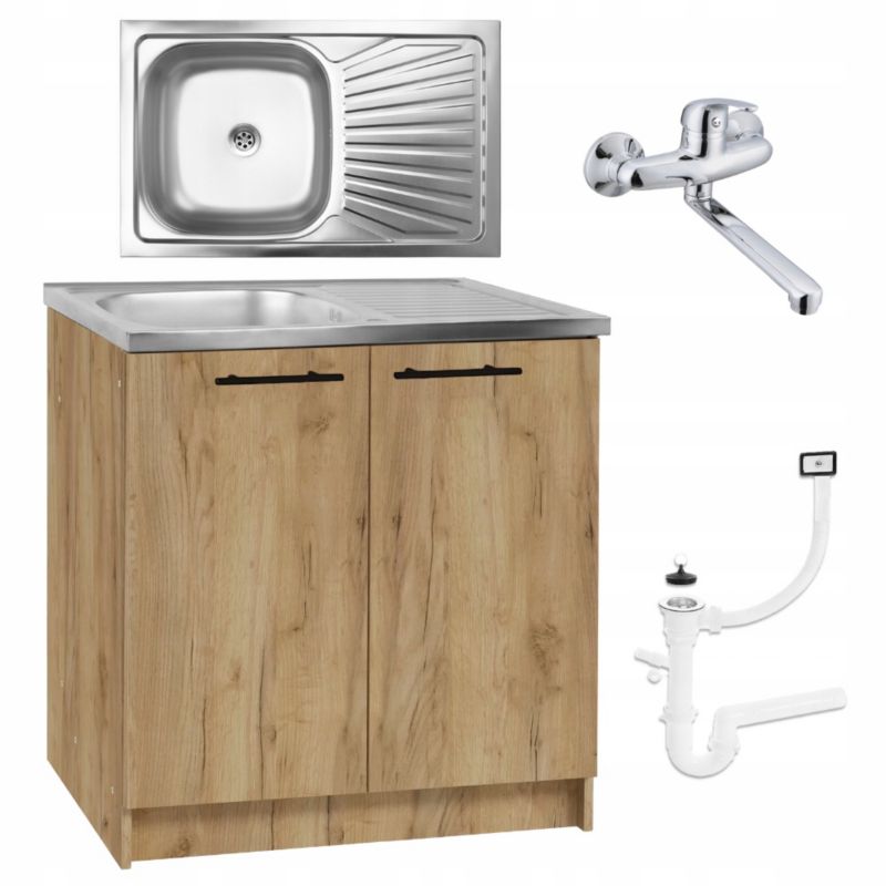 Szafka Kuchenna Stamar 800 mm Dąb Złoty + Zlewozmywak + Bateria Ścienna + Syfon 1 szt