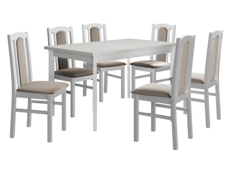 Zestaw DR08 MIRJAN 24 Stół rozkładany Modena I P 80x140/180 + 6 krzeseł Bos 7 biały + beżowa tapicerka 1 kpl.