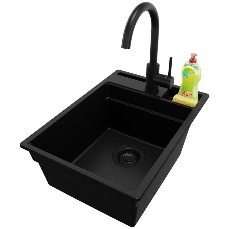 Zlewozmywak Granitowy Oslo Pocket PRIMAGRAN Nablatowy 38x53cm do szafki od 40cm z Syfonem i Baterią Cały Czarny 1 szt.