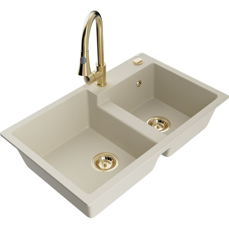 Zlewozmywak granitowy 2-komorowy Mexen Tomas z baterią kuchenną Elia beżowy 6516-69-670101-50