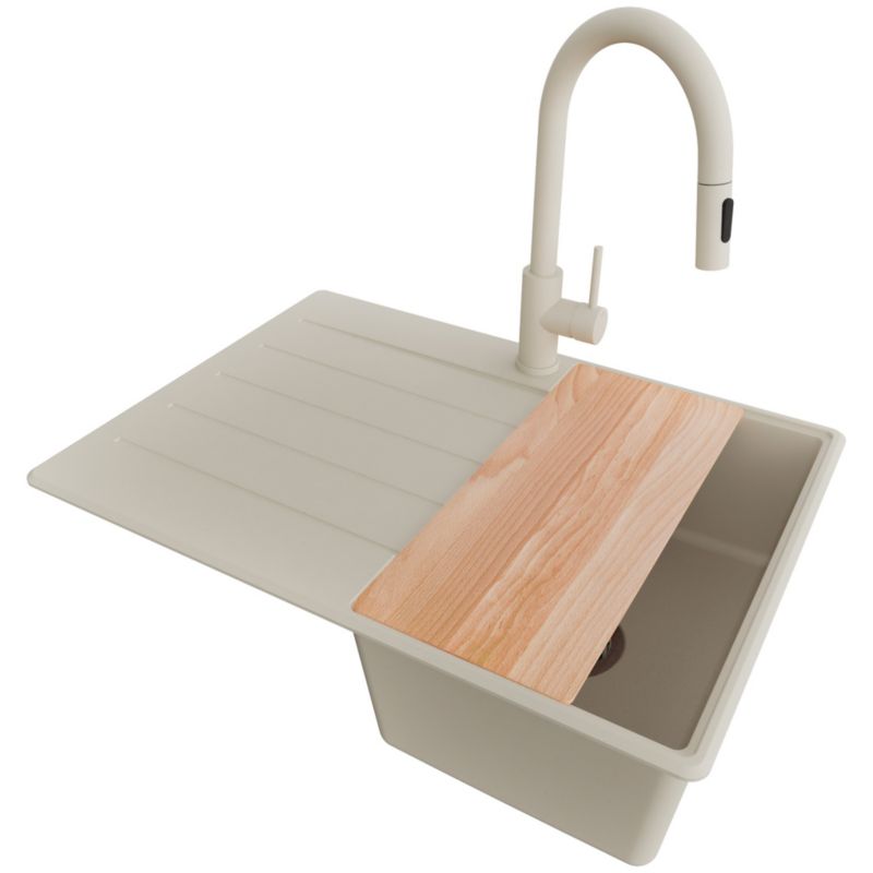 Zlewozmywak Granitowy Kopenhaga PRIMAGRAN Nablatowy 70x50cm do szafki od 40cm, Beżowy + Bateria + Syfon + Deska, S175, 1 szt.