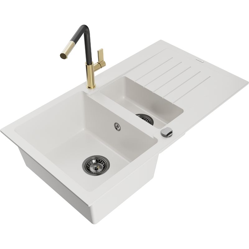 Zlewozmywak granitowy 1.5-komorowy Mexen Matias z ociekaczem i baterią kuchenną Flora biały 6502-20-670401-57-B