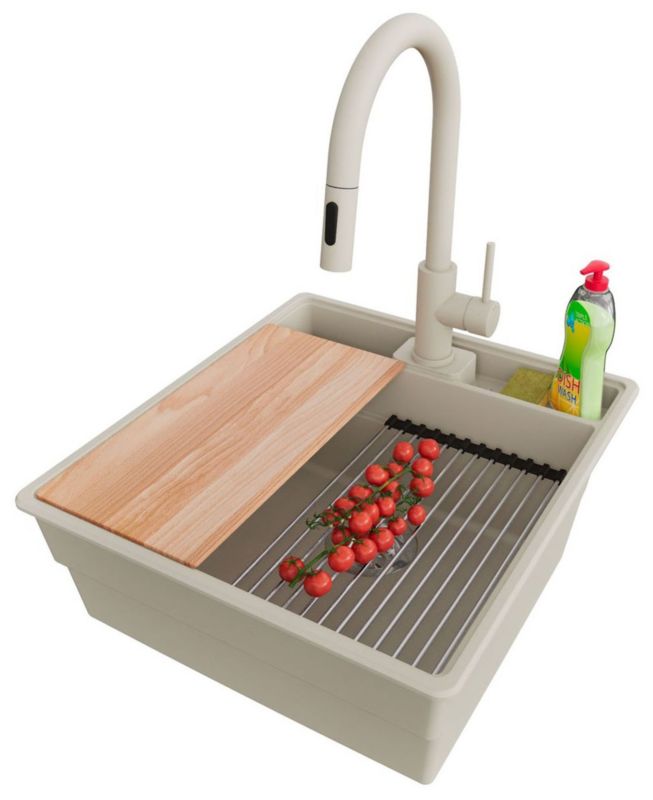 Zlewozmywak Granitowy Nowy Jork PRIMAGRAN Nablatowy 48x53cm do szafki od 50cm, Beżowy + Bateria + Syfon + Akcesoria, , 1 szt.