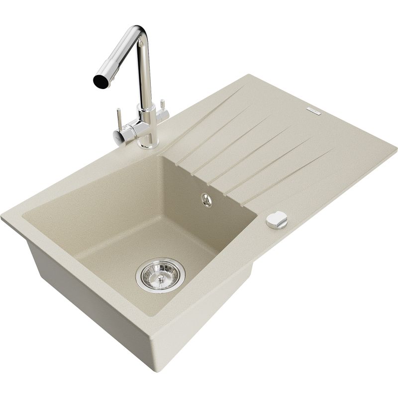 Zlewozmywak granitowy 1-komorowy Mexen Cesar z ociekaczem i baterią kuchenną Duero beżowy 6514-69-671600-00