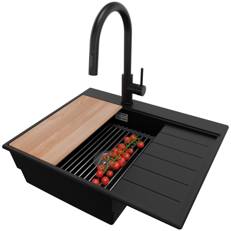 Zlewozmywak Granitowy Sydney PRIMAGRAN Nablatowy 62x50cm do szafki od 45cm, Czarny + Bateria + Syfon + Akcesoria, S179, 1 szt.