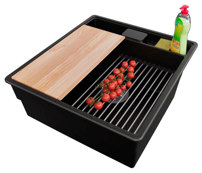 Zlewozmywak Nowy Jork PRIMAGRAN Nablatowy 48x53cm do szafki od 50cm, Czarny Metalik + Syfon + Akcesoria, , 1 szt.