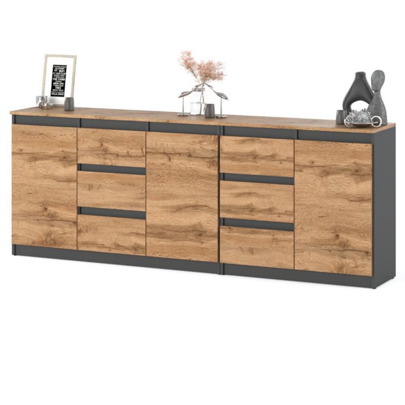 Komoda Hurtownia-Mebli Szuflady 6 Best Agnes Plus 200cm Szary Mat Dąb Wotan 200x35x75 cm 1szt.