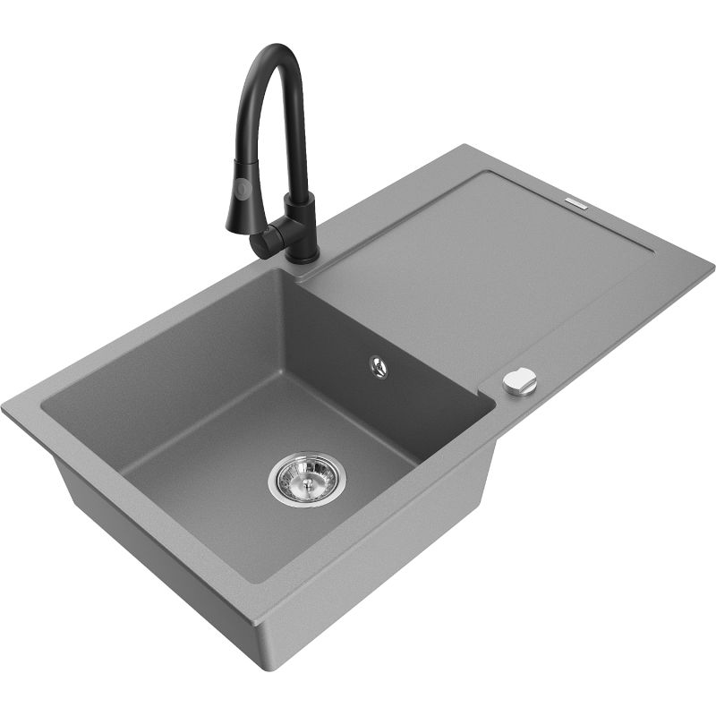 Zlewozmywak granitowy 1-komorowy Mexen Leo z ociekaczem i baterią kuchenną Elia szary 6501-71-670101-70