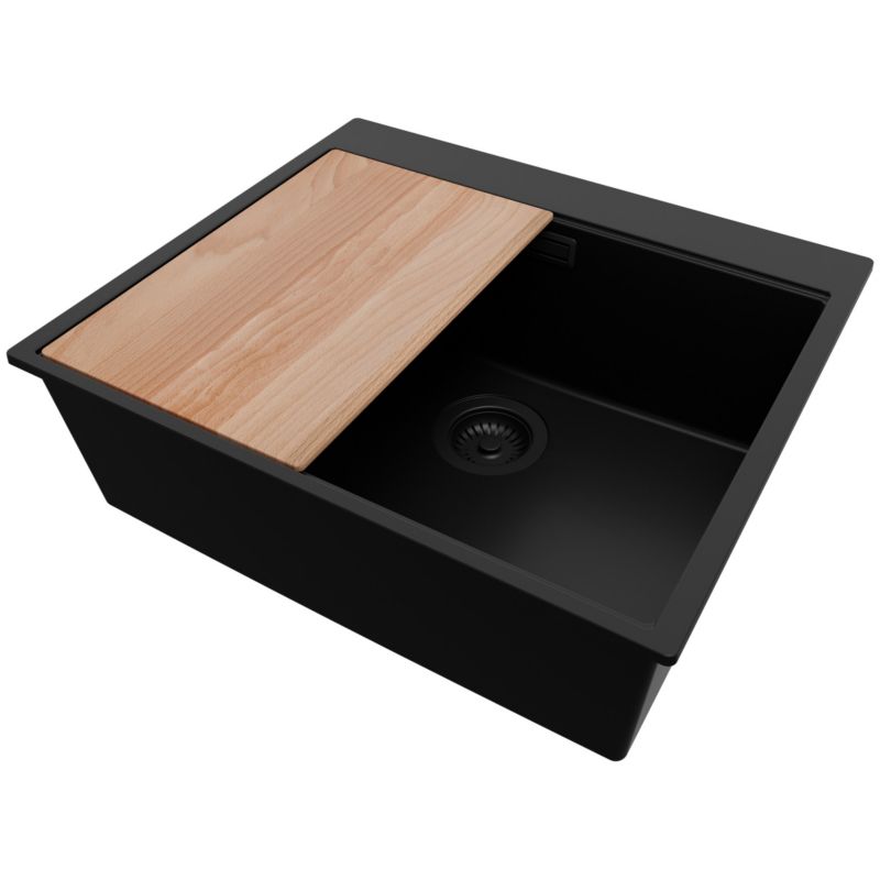 Zlewozmywak Oslo PRIMAGRAN Nablatowy 58x50cm do szafki od 60cm, Cały Czarny + Syfon + Deska, S409, 1 szt.