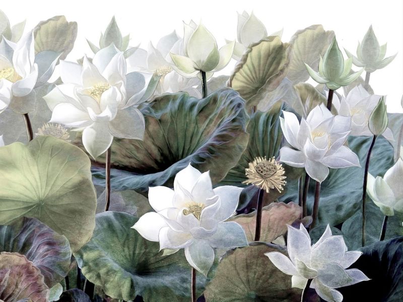 fototapeta Sanders & Sanders tropikalne liście i kwiaty zielonymIbiałym 375 x 270 cm - 1 rol.