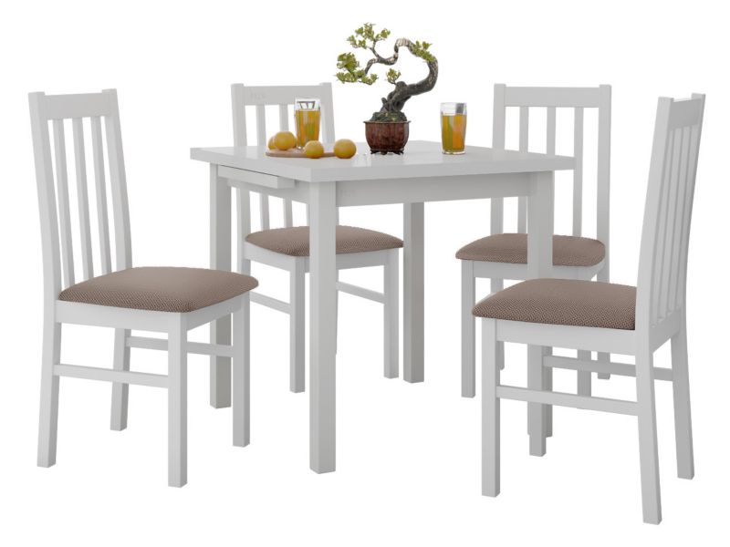Zestaw DR14 Stół rozkładany Max VII 80x80/110 + 4 krzesła Bos 10 biały + jasnobrązowa tapicerka 1 kpl.