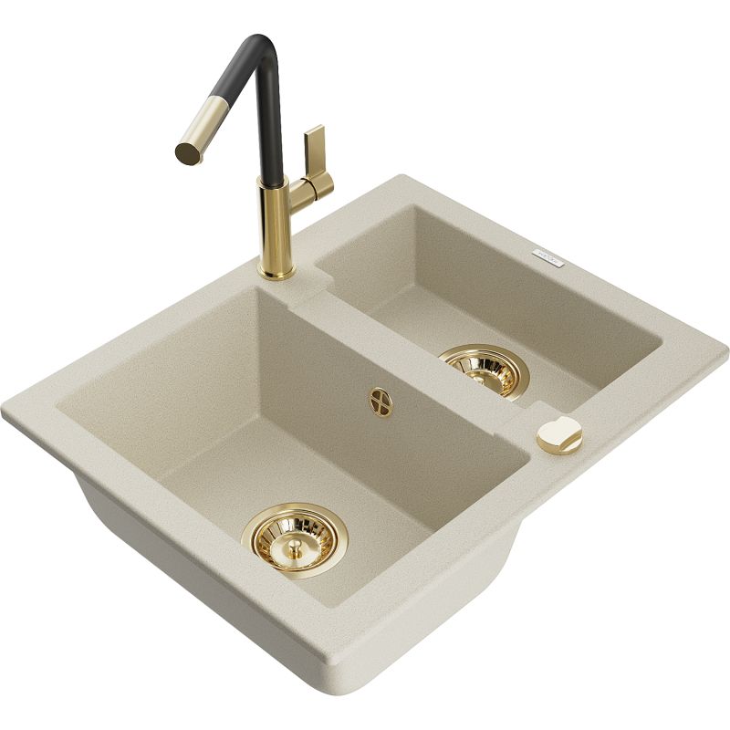 Zlewozmywak granitowy 1.5-komorowy Mexen Carlos z baterią kuchenną Flora beżowy 6518-69-670401-57-G