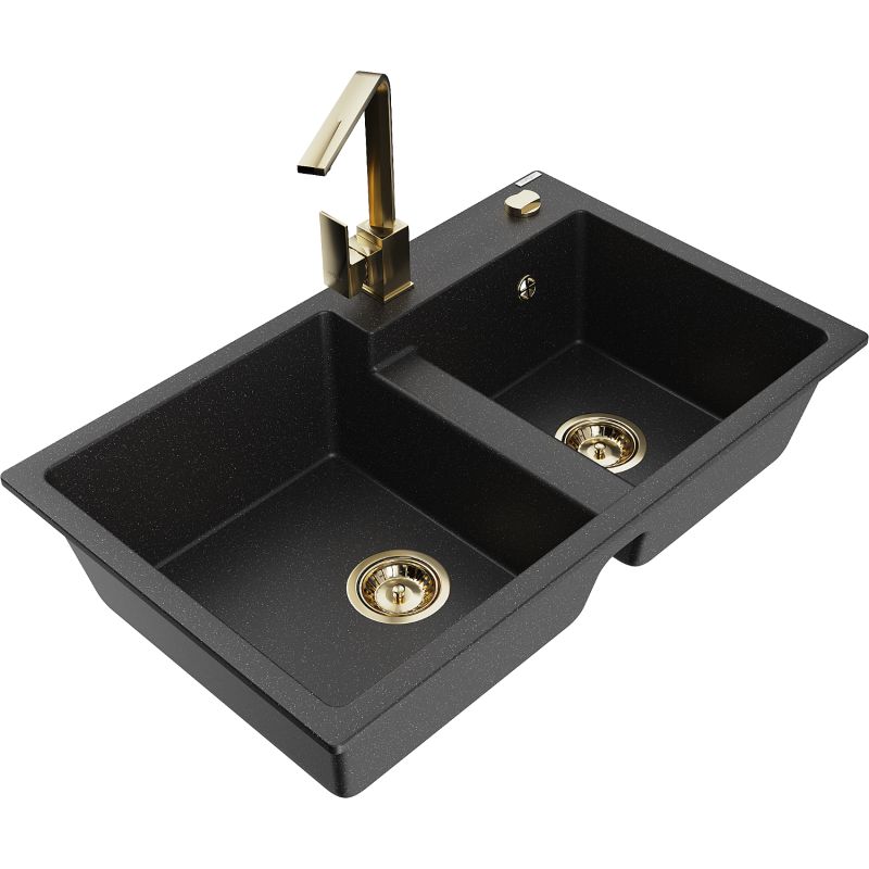 Zlewozmywak granitowy 2-komorowy Mexen Tomas z baterią kuchenną Rita czarny/złoty metalik - 6516-75-670300-70 1 szt.