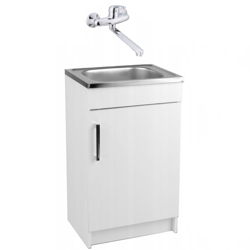 Szafka Kuchenna Stamar Biała + Zlewozmywak 500 x 400 mm + Bateria Ścienna Chrom + Syfon 1 szt