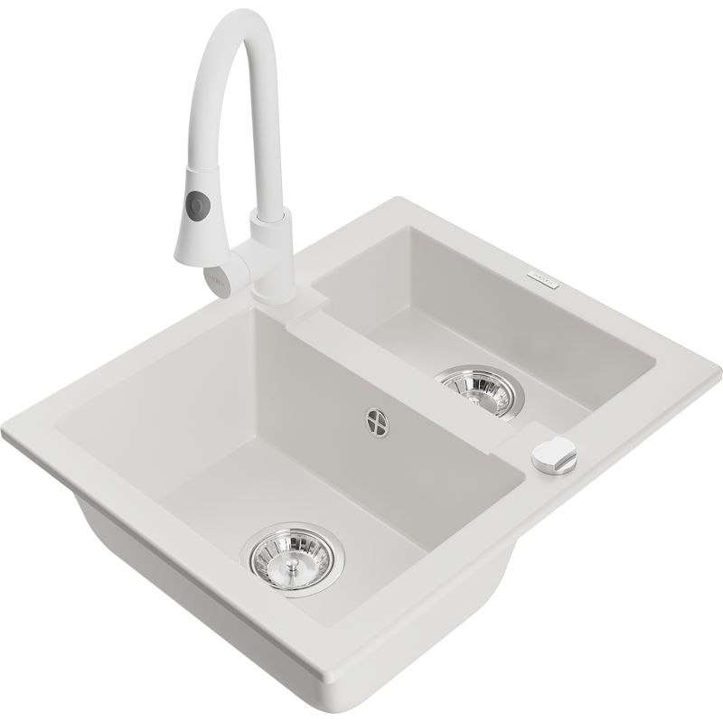 Zlewozmywak granitowy 1.5-komorowy Mexen Carlos z baterią kuchenną Elia biały 6518-20-670101-20