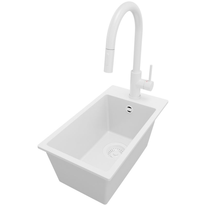 Zlewozmywak Granitowy Ryga PRIMAGRAN Nablatowy 28x50cm do szafki od 30cm, Cały Biały + Bateria 40x20cm + Syfon, S022, 1 szt.