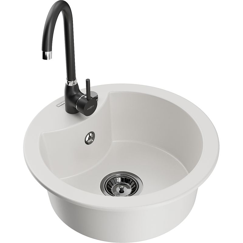 Zlewozmywak granitowy 1-komorowy Mexen Diego z baterią kuchenną Telma biały 6512-20-670200-70