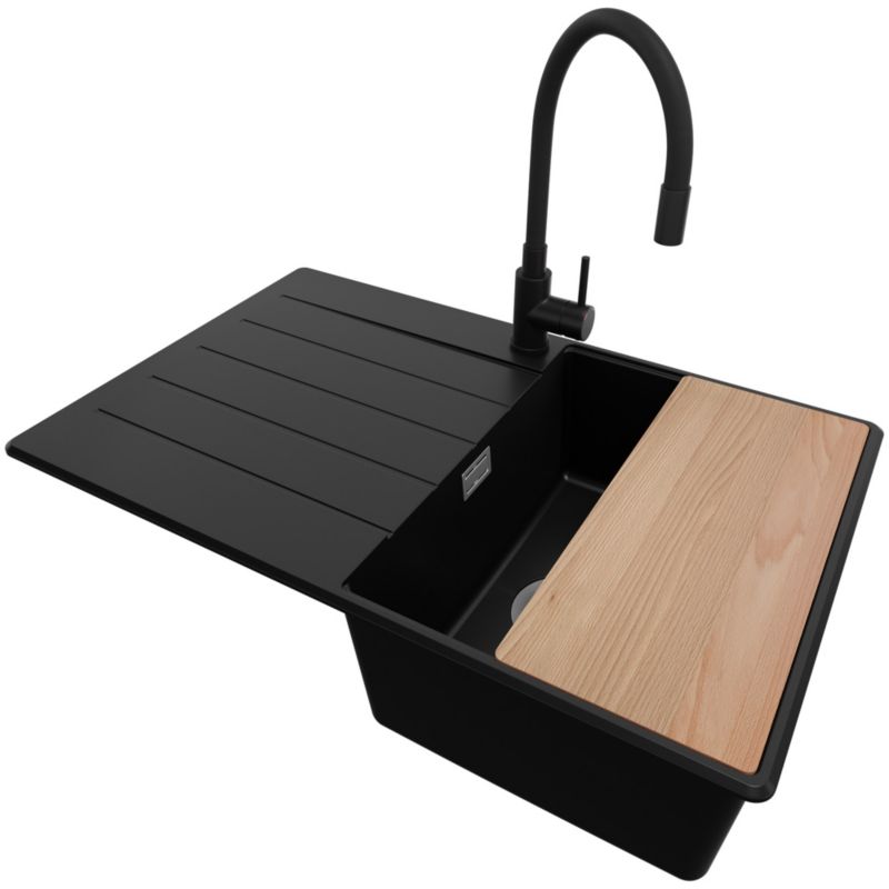 Zlewozmywak Granitowy Kopenhaga PRIMAGRAN Nablatowy 78x50cm do szafki od 45cm, Czarny + Bateria + Syfon + Deska, S365, 1 szt.