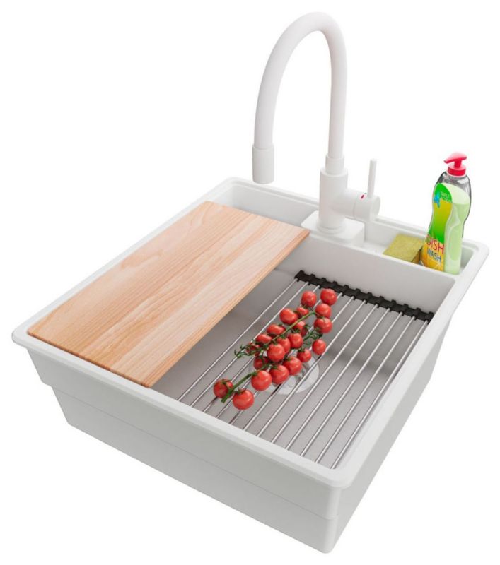 Zlewozmywak Granitowy Nowy Jork PRIMAGRAN Nablatowy 48x53cm do szafki od 50cm, Biały + Bateria + Syfon + Akcesoria, , 1 szt.