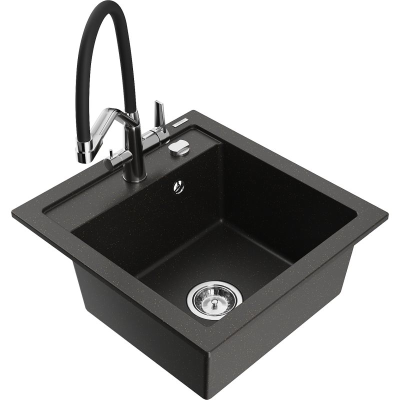 Zlewozmywak granitowy 1-komorowy Mexen Vito z baterią kuchenną Duo czarny/złoty metalik 6503-75-671701-07