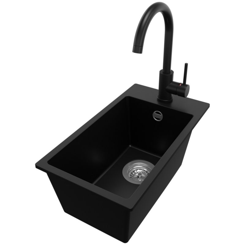 Zlewozmywak Granitowy Ryga PRIMAGRAN Nablatowy 28x50cm do szafki od 30cm, Czarny + Bateria 32x20cm + Syfon, S011, 1 szt.