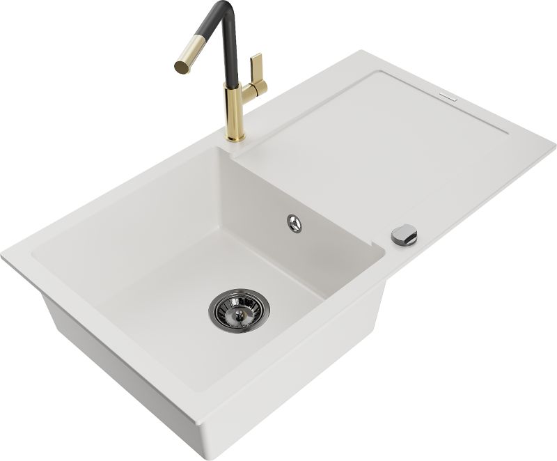 Zlewozmywak granitowy Mexen Leo 1-komorowy z ociekaczem i baterią kuchenną Flora biały - 6501-20-670401-57-G 1 szt.