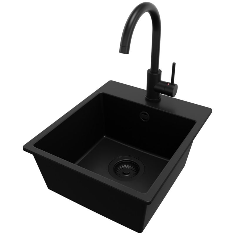 Zlewozmywak Granitowy Ryga Easy PRIMAGRAN Nablatowy 38x44cm do szafki od 40cm, Cały Czarny + Bateria + Syfon, S012, 1 szt.