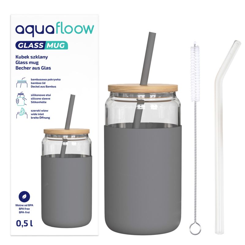 Kubek szklany, AquaFloow, z silikonowym etui, bambusową pokrywką, 2 słomkami, na napoje, 500ml, szary, 1szt