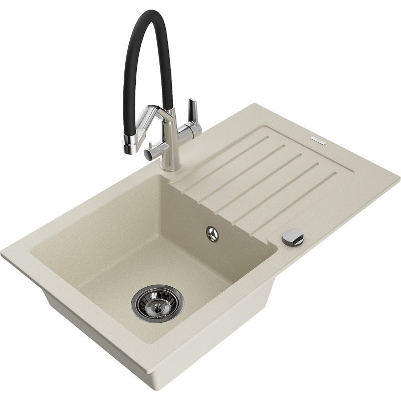 Zlewozmywak granitowy 1-komorowy Mexen Pablo z ociekaczem i baterią kuchenną Duo beżowy 6510-69-671701-07-B