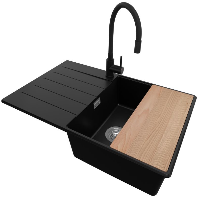 Zlewozmywak Granitowy Kopenhaga PRIMAGRAN Nablatowy 78x50cm do szafki od 50cm, Czarny + Bateria + Syfon + Deska, S553, 1 szt.