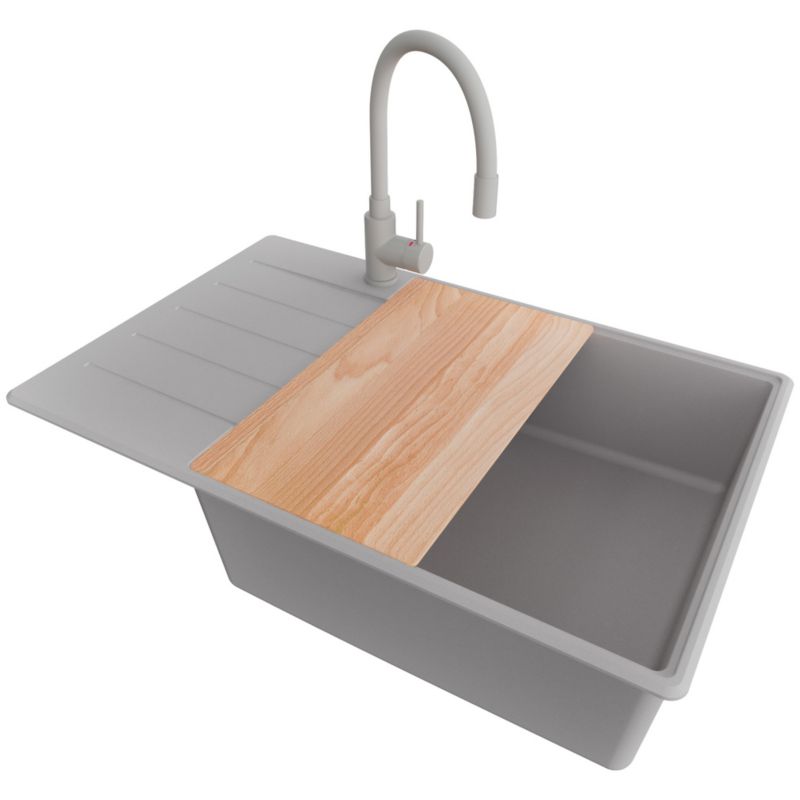 Zlewozmywak Granitowy Kopenhaga PRIMAGRAN Nablatowy 78x50cm do szafki od 60cm, Szary + Bateria + Syfon + Deska, S652, 1 szt.