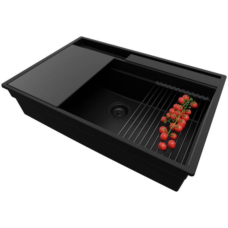 Zlewozmywak Oslo Pocket PRIMAGRAN Nablatowy 78x53cm do szafki od 80cm, Cały Czarny + Syfon + Akcesoria, S417, 1 szt.