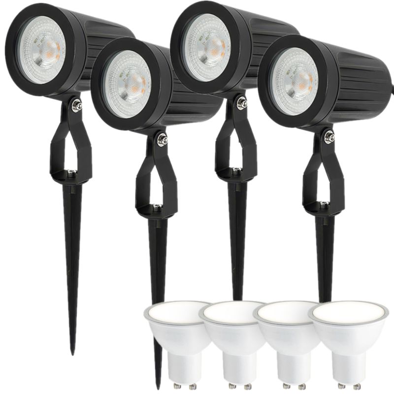 Reflektor ogrodowy HOROZ wbijany LED GU10 IP65 czarny + Żarówka FARI LED GU10 5,5W 4000K neutralna 500lm 4 szt.
