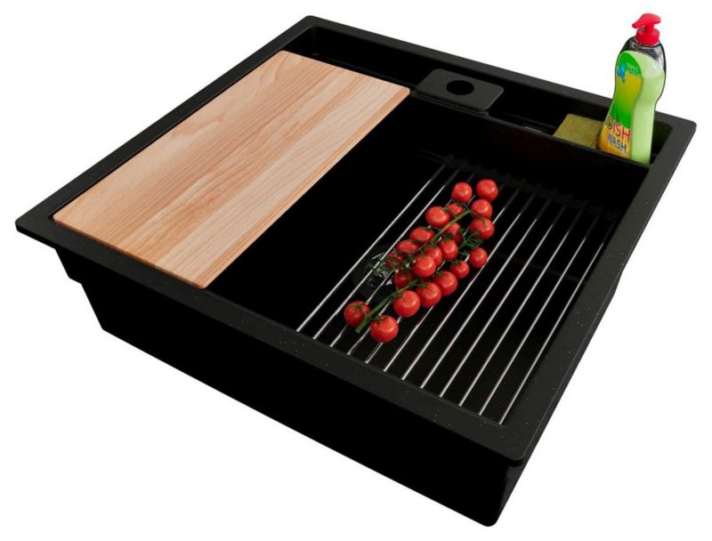 Zlewozmywak podblatowy Bergen Pocket PRIMAGRAN 56x54cm do szafki od 60cm, Czarny Metalik + Syfon + Akcesoria, , 1 szt.