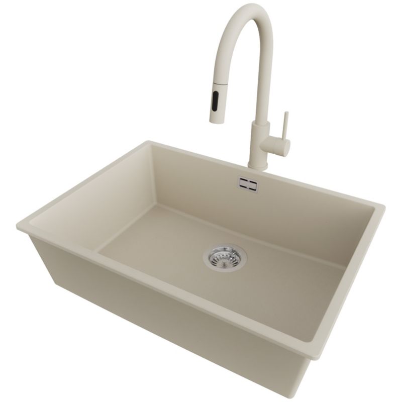 Zlewozmywak Granitowy Londyn Slim PRIMAGRAN Nablatowy 66x47cm do szafki od 70cm, Beżowy + Bateria 40x20cm + Syfon, S411, 1 szt.