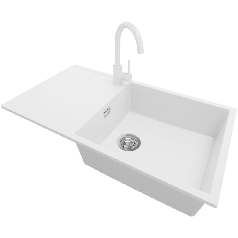 Zlewozmywak Granitowy Ibiza PRIMAGRAN Nablatowy 90x50cm do szafki od 60cm, Biały + Bateria 32x20cm + Syfon, S055, 1 szt.