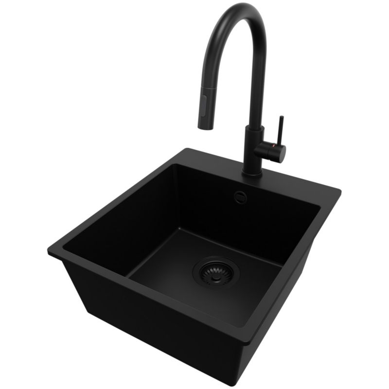 Zlewozmywak Granitowy Ryga PRIMAGRAN Nablatowy 43x50cm do szafki od 45cm, Cały Czarny + Bateria 40x20cm + Syfon, S144, 1 szt.