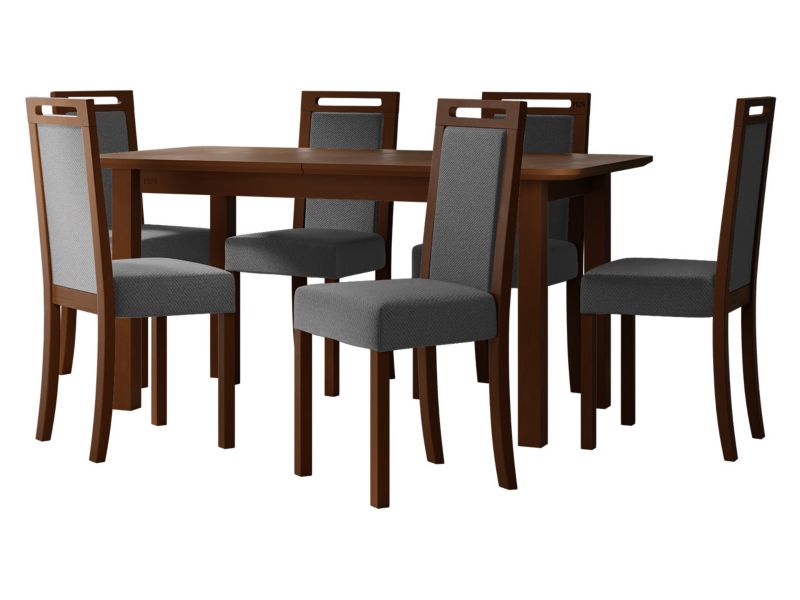 Zestaw DR10 MIRJAN 24 Stół rozkładany Wenus V S 90x160/200 + 6 krzeseł Roma 5 orzech + ciemnoszara tapicerka 1 kpl.