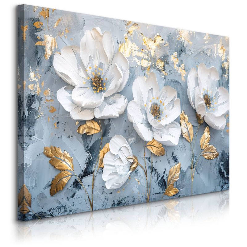 Obraz Muralo Do Sypialni Białe Kwiaty Złote Liście Akwarele Abstrakcja 120x80 cm 1 szt.