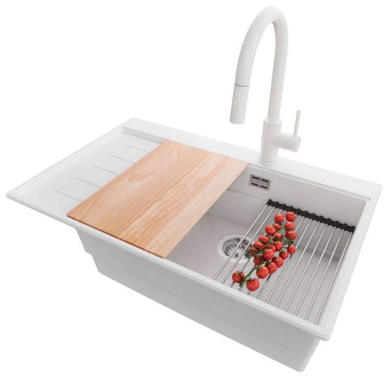 Zlewozmywak Granitowy Sydney PRIMAGRAN Nablatowy 78x50cm do szafki od 60cm, Biały + Bateria 40x20cm + Syfon + Akcesoria, , 1 szt.