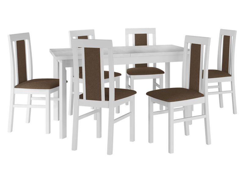 Zestaw DR20 MIRJAN 24 Stół rozkładany Modena I P 80x140/180 + 6 krzeseł Nilo 2 biały + brązowa tapicerka 1 kpl.