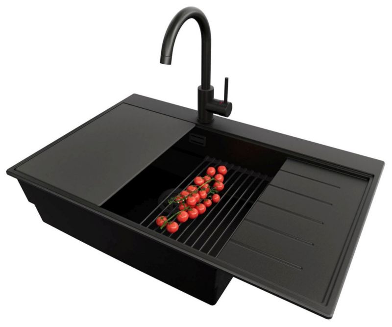 Zlewozmywak Granitowy Sydney PRIMAGRAN Nablatowy 78x50cm do szafki od 60cm, Cały Czarny + Bateria + Syfon + Akcesoria, , 1 szt.